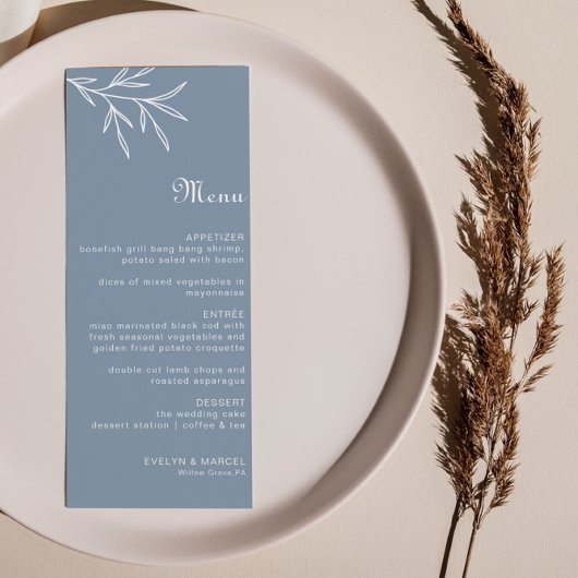 Formeel Minimale Stusty Blue Wedding Menu