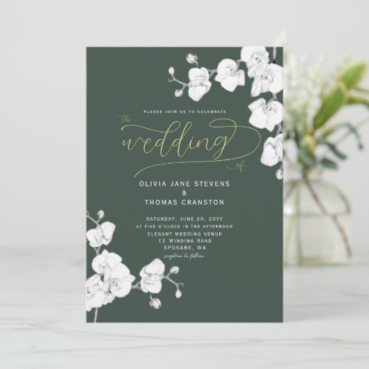 Formeel modern Sage Green Orchid All in One Weddin Kaart (Staand voorkant)