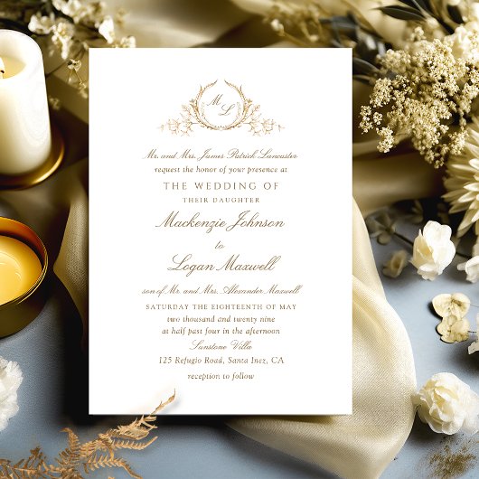 Formeel Monogram Wit en Goud Elegant Bruiloft Kaart
