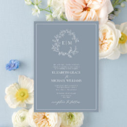 Formeel mosterd blauw leafy Crest Monogram Weddens Kaart