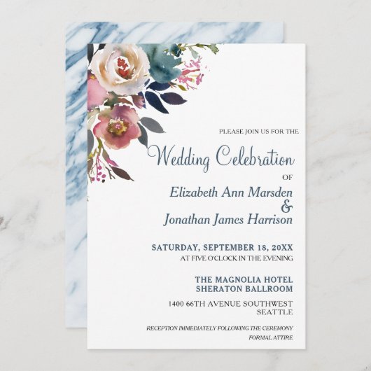 Formeel mosterdblauw champagne Floral Wedding Kaart (Voorkant / Achterkant)