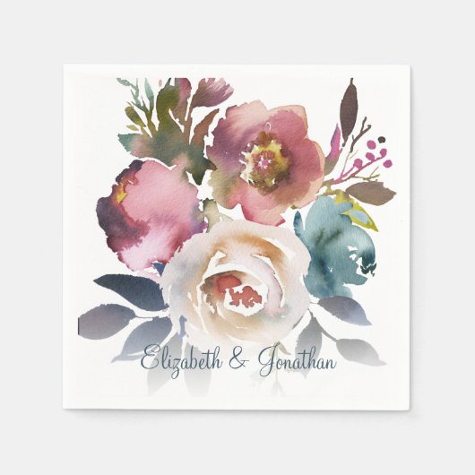 Formeel mosterdblauw Wijn Burgundy Floral Wedding Servet (Voorkant)