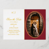 Formeel rood, gouden fotohuwelijk sparen de datum folie uitnodiging (Voorkant)