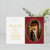 Formeel rood, gouden fotohuwelijk sparen de datum folie uitnodiging (Staand Voorkant)