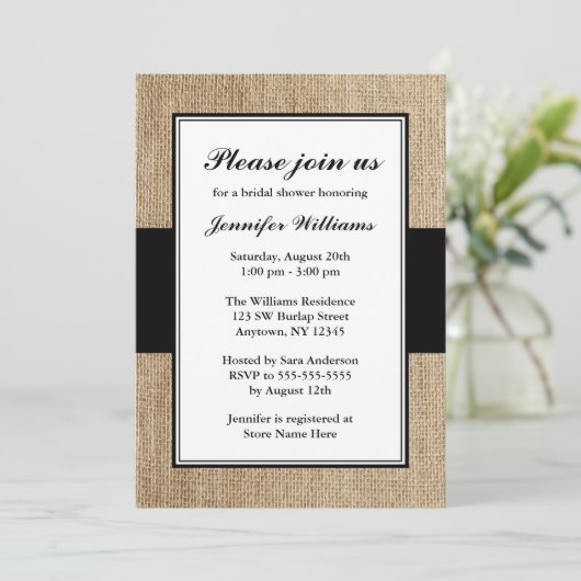 Formeel Rustic Burlap Black Vrijgezellenfeest Kaart (Staand voorkant)