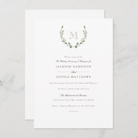 Formeel & rustiek groen | Initiaal bruiloft uitnod Kaart (Voorkant / Achterkant)