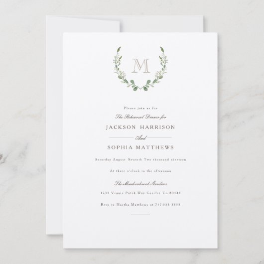 Formeel & rustiek groen | Initiaal bruiloft uitnod Kaart (Voorkant)