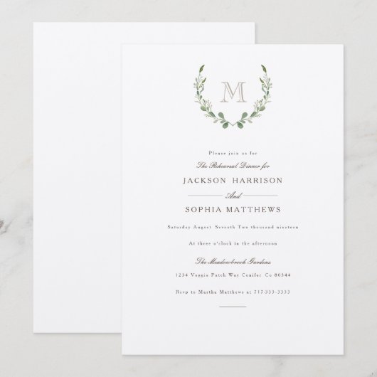 Formeel & rustiek groen | Initiaal bruiloft uitnod Kaart (Voorkant / Achterkant)
