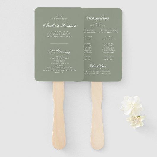 Formeel Sage Green & White Script Wedding Programm Handwaaier (Voorkant en achterkant)