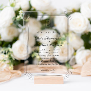 Formeel schrift met geometrisch kader Monogram tro Acryl Uitnodigingen
