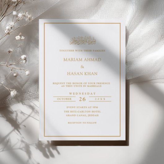 Formeel script gouden kader witte moslim bruiloft kaart