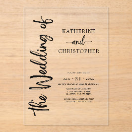 Formeel Script Zwart Wit Elegant Huwelijk Clear Acryl Uitnodigingen