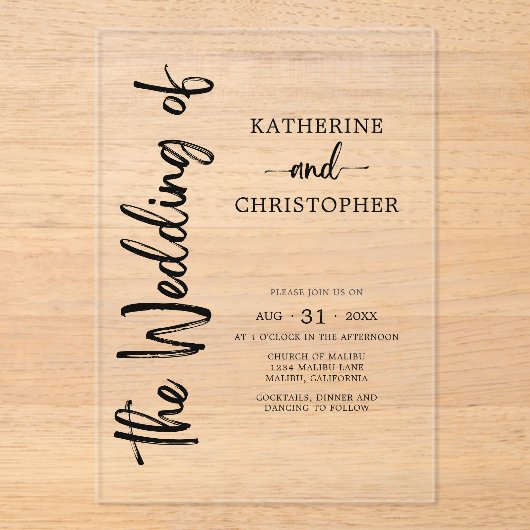 Formeel Script Zwart Wit Elegant Huwelijk Clear Acryl Uitnodigingen (Voorkant)