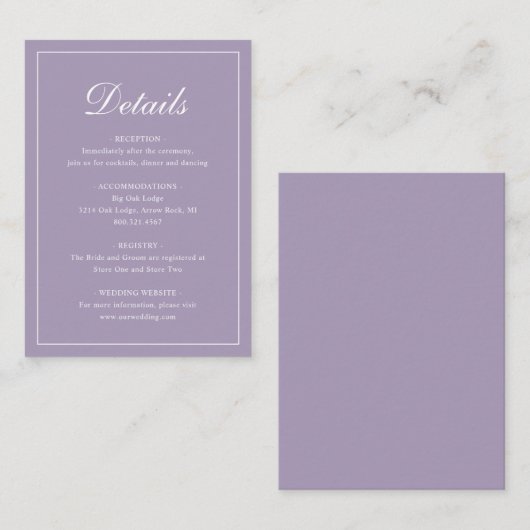 Formeel traditioneel elitair Paars huwelijk Informatiekaartje (Voorkant / Achterkant)