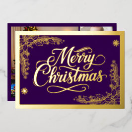Formeel Vrolijk Kerstfeest paarse en 6 foto's Goud Folie Feestdagenkaart