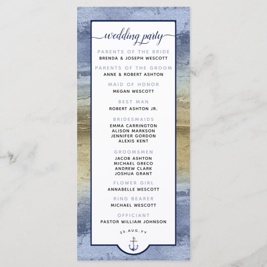 Formeel #Wedding Modern #Nautical Dusty Blue & Gol Programmakaart (Achterkant)