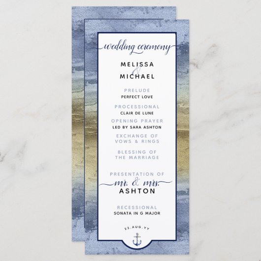 Formeel #Wedding Modern #Nautical Dusty Blue & Gol Programmakaart (Voorkant / Achterkant)