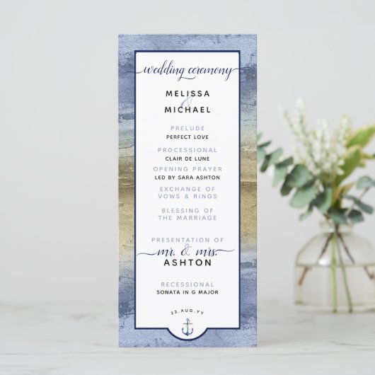 Formeel #Wedding Modern #Nautical Dusty Blue & Gol Programmakaart (Staand voorkant)