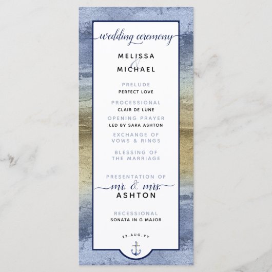 Formeel #Wedding Modern #Nautical Dusty Blue & Gol Programmakaart (Voorkant)