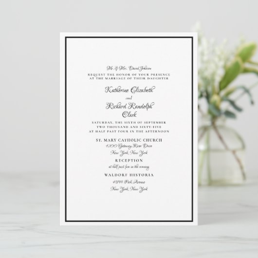 Formeel wit en zwart huwelijk elegant script kaart (Staand voorkant)