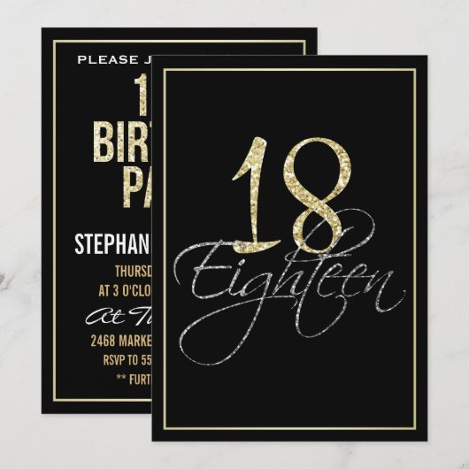 Formeel Zilver Zwart en Goud 18e Verjaardagsfeest Kaart (Voorkant / Achterkant)