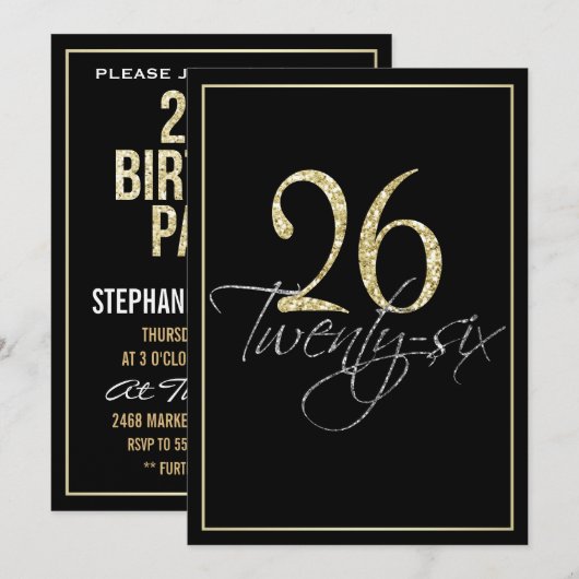 Formeel Zilver Zwart en Goud 26ste Verjaardagsfees Kaart (Voorkant / Achterkant)