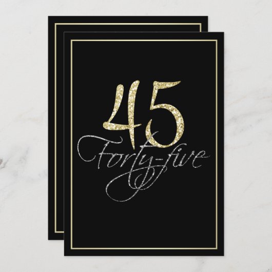 Formeel Zilver Zwart en Goud 45ste Verjaardagsfees Kaart (Voorkant / Achterkant)