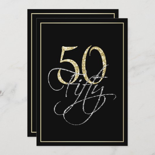 Formeel Zilver Zwart en Goud 50ste Verjaardagsfees Kaart (Voorkant / Achterkant)