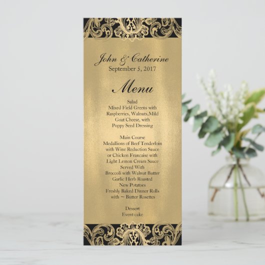 Formeel zwart en goud huwelijksmenu menu (Staand voorkant)