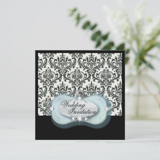 formeel zwart en wit damast bruiloft kaart (Staand voorkant)