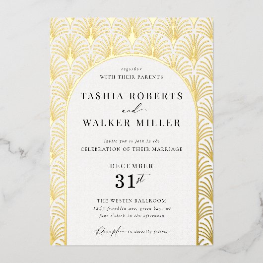 Formeel Zwart Stropdas Goud Art Deco Bruiloftsgoud Folie Uitnodiging (Voorkant)