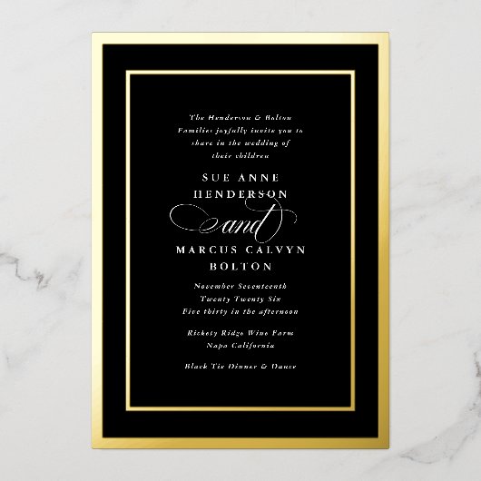 Formeel Zwart & Wit Script Golden Lijsten Bruiloft Folie Uitnodiging (Voorkant)