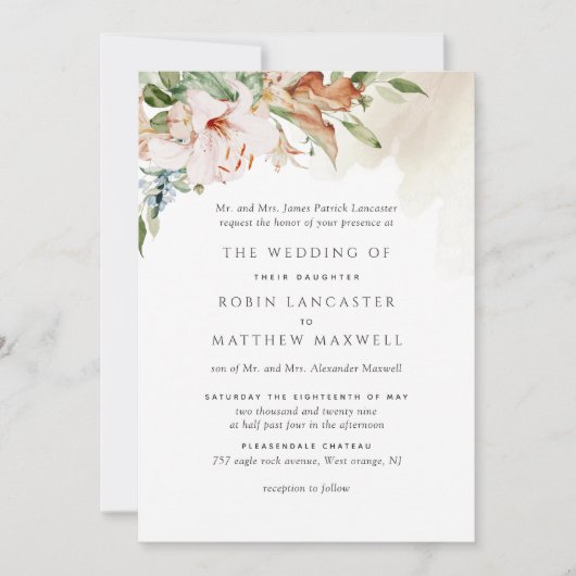 Formele aardachtige bloeit elegante beige bruiloft kaart (Voorkant)