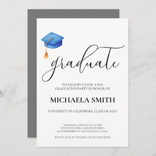 Formele Afstuderen Blue Pet PhD Graduation Party Kaart (Voorkant / Achterkant)