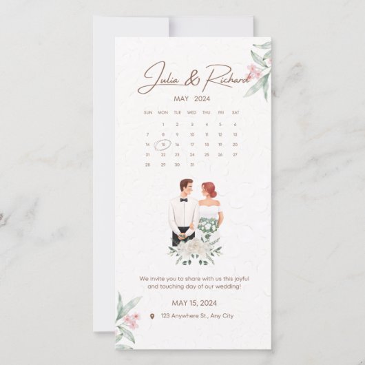 Formele beige en groene bloemen bruiloft uitnodigi (Voorkant)