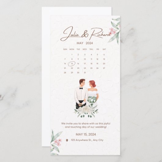 Formele beige en groene bloemen bruiloft uitnodigi (Voorkant / Achterkant)