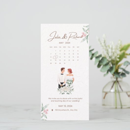 Formele beige en groene bloemen bruiloft uitnodigi (Staand voorkant)