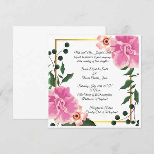 Formele bewoording Roze en groene bloemen bruiloft Kaart (Voorkant / Achterkant)