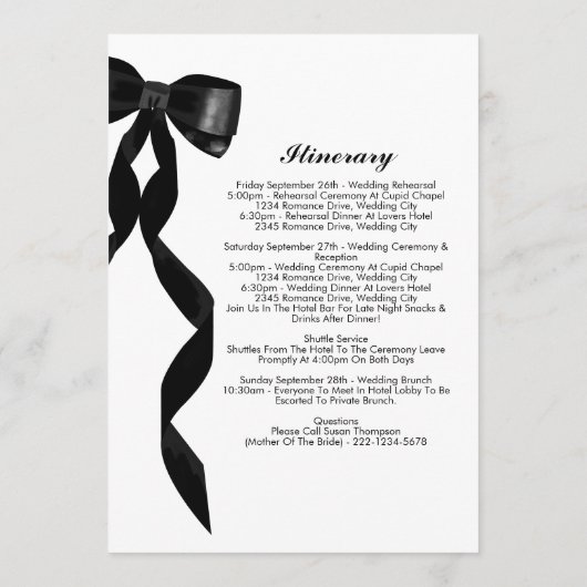 Formele Black Bow Ribbon Elegante Trouwroute Programmakaart (Achterkant)
