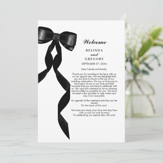 Formele Black Bow Ribbon Elegante Trouwroute Programmakaart (Staand voorkant)