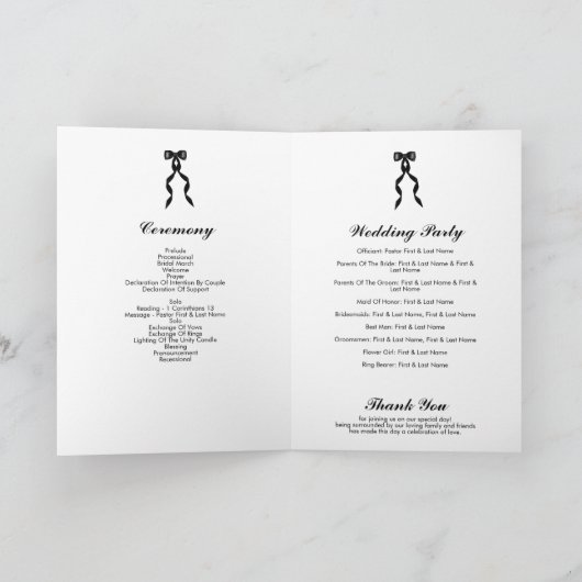 Formele Black Bow Ribbon Wedding Order of Service Programma (Binnen)