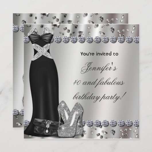 Formele Black Dress Silver Heels Party Uitnodiging (Voorkant / Achterkant)