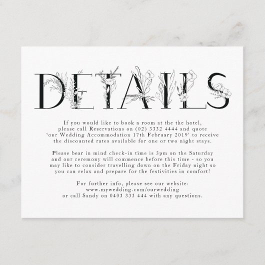 Formele Black Floral Letters Wedding Enclosure Car Informatiekaartje (Voorkant)