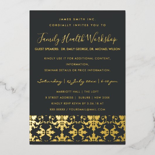 Formele Black Gold Damask Classic Workshop Event Folie Uitnodiging (Voorkant)