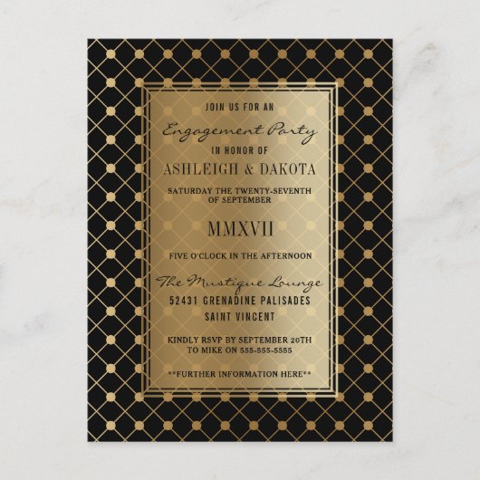 Formele Black & Gold Geometric Engagement Party Uitnodiging Briefkaart (Voorkant)