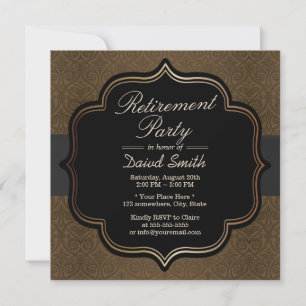 Formele Black Ribbon Brown Damask Retirement Party Kaart