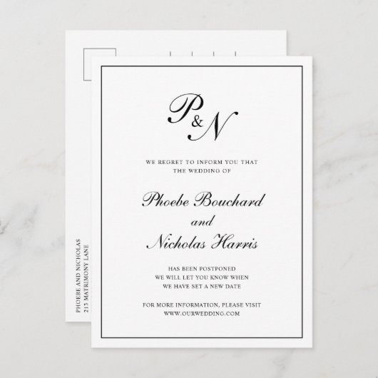 Formele Black White Monogram Wedding Postponement Aankondigingskaart (Voorkant / Achterkant)