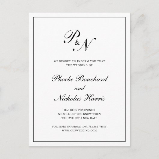 Formele Black White Monogram Wedding Postponement Aankondigingskaart (Voorkant)