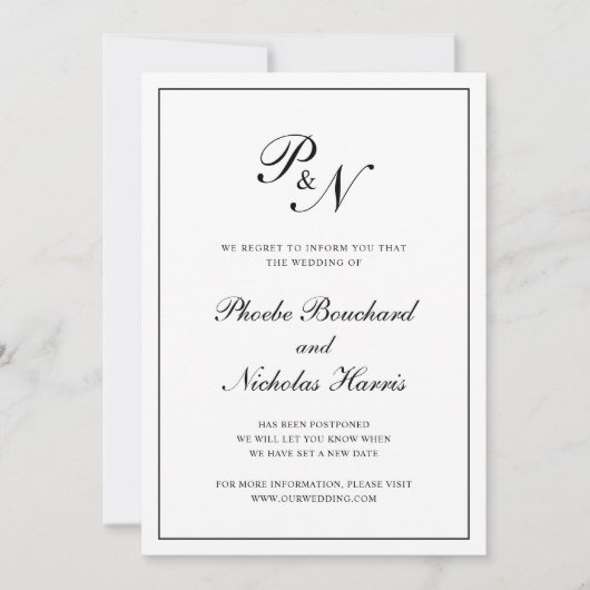 Formele Black White Monogram Wedding Postponement Kaart (Voorkant)