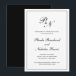 Formele Black White Monogram Wedding Postponement Kaart<br><div class="desc">Traditionele huwelijksuitstelkaart in klassiek zwart-wit met een eenvoudig ontwerp met uw twee initiaal monogram en uw namen in een elegante kalligrafie binnen een dunne rand. De achterkant is stevig zwart. Dit stijlvolle ontwerp is perfect voor wanneer je de datum voor een formele bruiloft moet veranderen.</div>